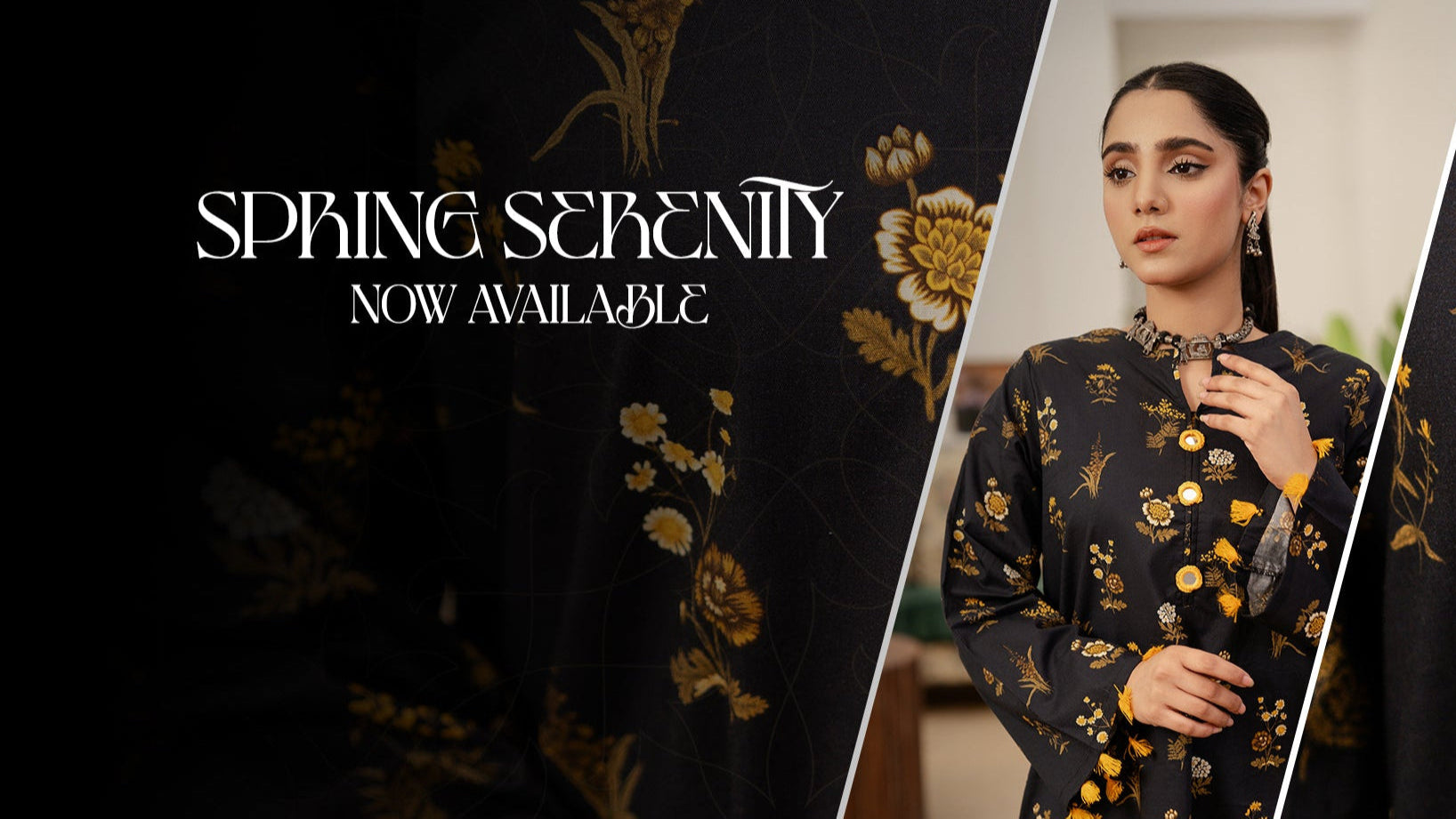 wearing a floral dress with 'Spring Serenity Now Available' text on a dark floral background.